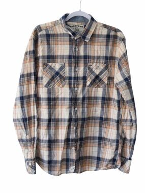 Tankfarm Men's Large Beige & Navy Plaid Button-Up Shirt